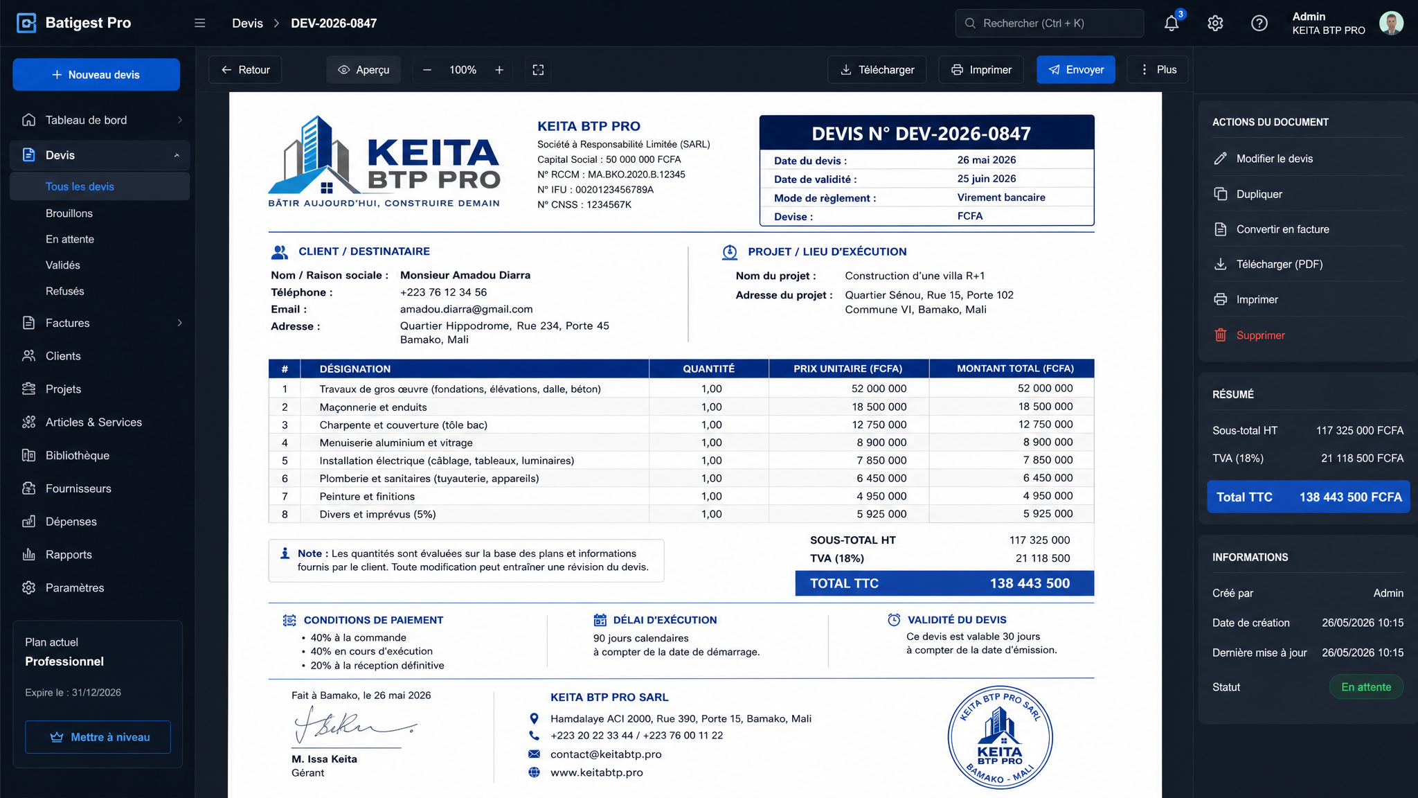 Capture d'écran Devis & Factures - KEITA BTP PRO